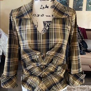 Joseph Ribkoff Brown/Gold Plaid Blouse